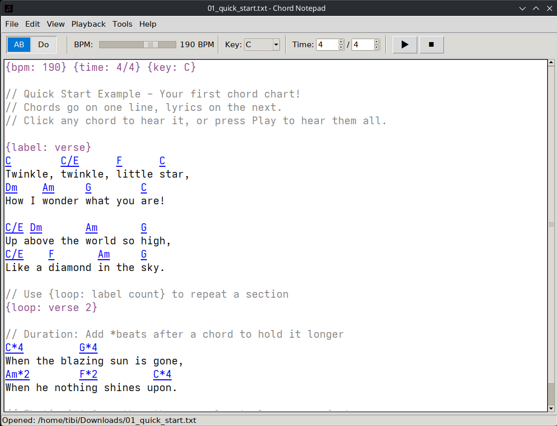 The Chord Notepad editor: chord symbols highlighted in blue above lyrics, directives and comments in colour, with a toolbar for BPM, key and time signature.